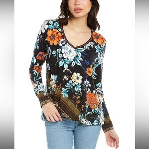 Johnny Was Golden Spring Favorite Long Sleeve Swing V-Neck Tee Shirt L